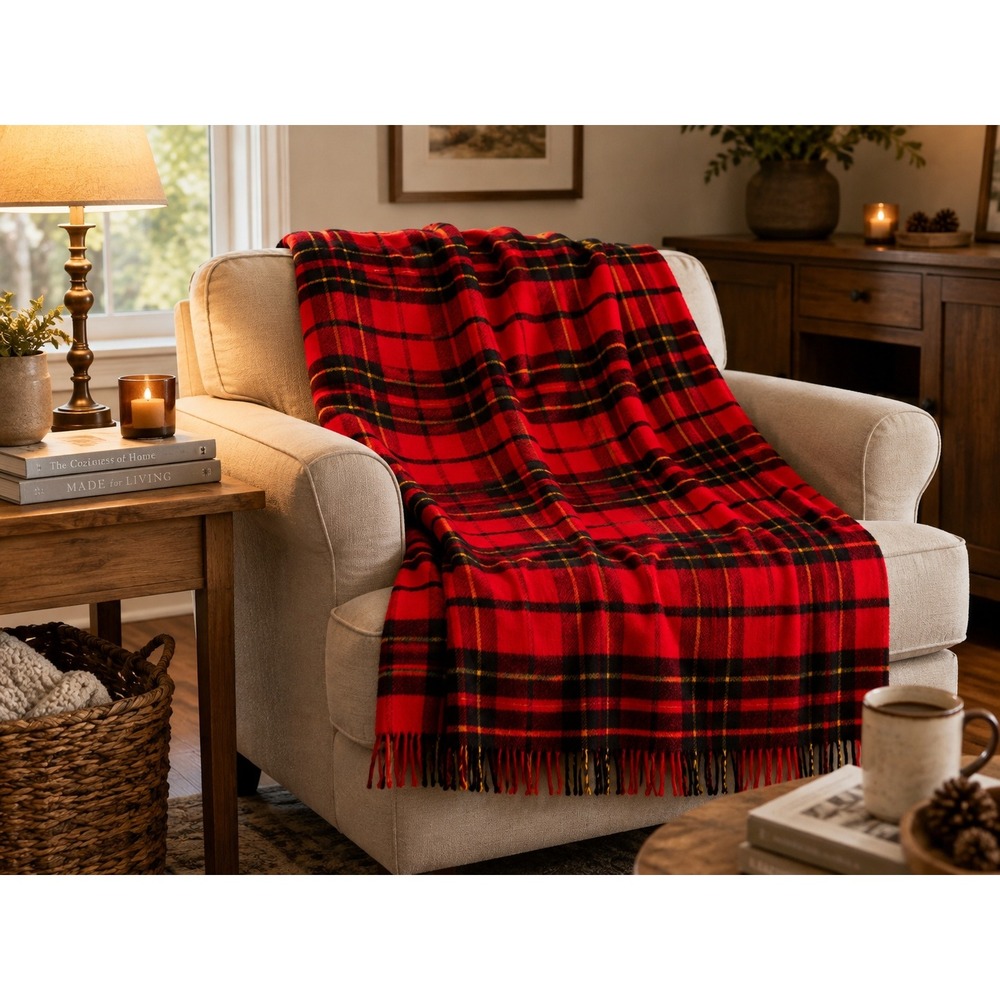 Faribo Faribault Woolen Mill Red Plaid Fringed Throw Blanket Made in USA 48x50